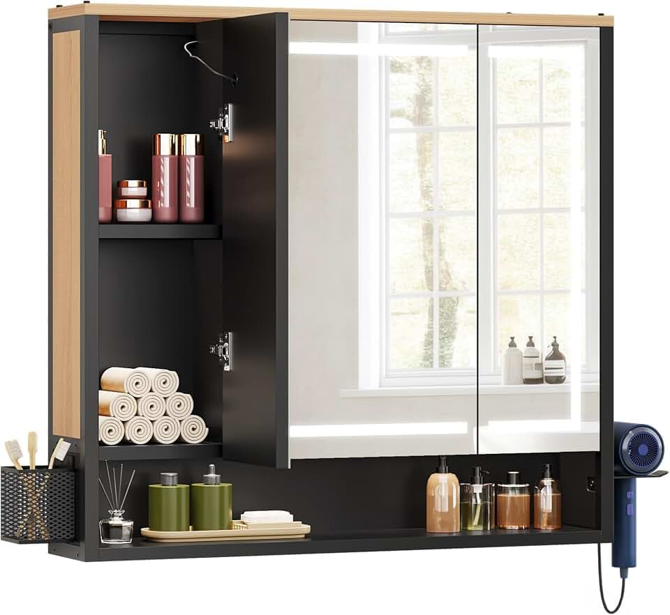 YITAHOME Spiegelschrank Bad LED 3 Türen Steckdose Wandschrank 80cm