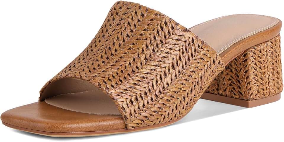 MeiLuSi Raffia Heeled Sandals for Women Chunky Block Heeled Mules Summer