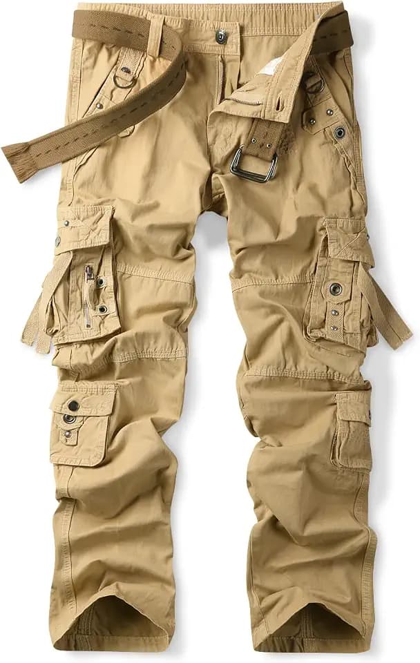 Aeslech Herren-Cargohose aus Baumwolle, leger, Baggy, Arbeitshose, Wandern, Reisen, mit Taschen, lockere Passform (kein Gürtel)