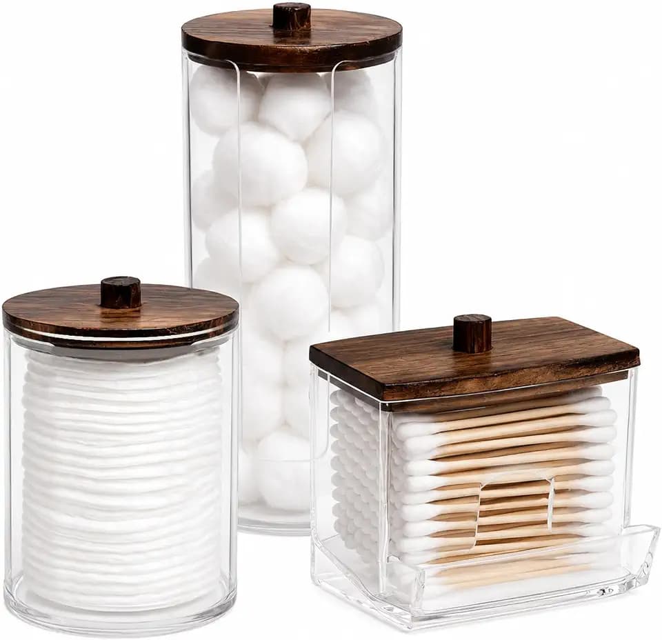 3 Stück Wattepad Spender, Acryl Wattestäbchen Behälter mit Holzdeckel, Wattestäbchen Box, Kosmetik Aufbewahrungsbox für Badezimmer Zubehör