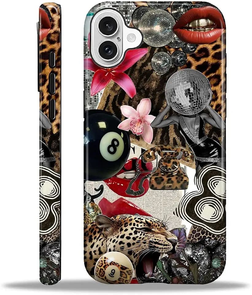 Compatible with iPhone 16 Plus Case - Dual-Layer Protection, Hard Shell with Silicone Interior,Slim Scratch Resistant Shockproof for Woman Men - Leopard Print Retro Collage