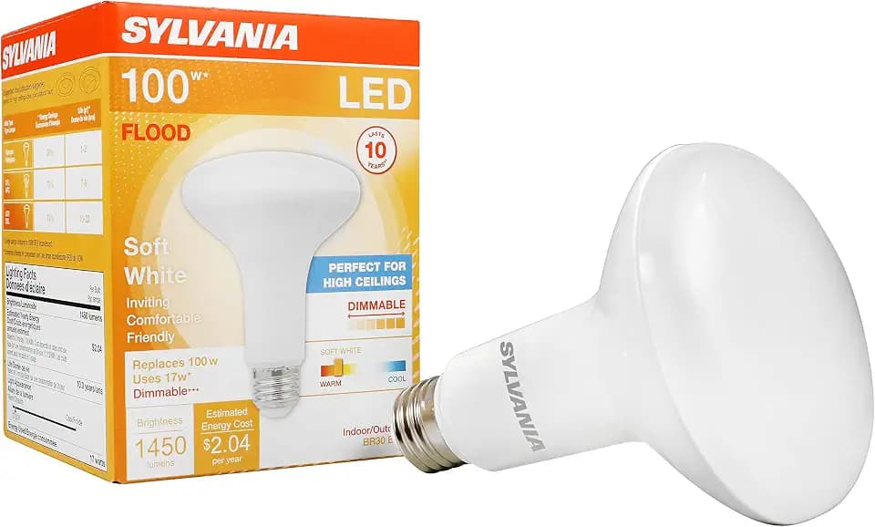 Sylvania LED Flood BR30 Light Bulb, 100W Equivalent Efficient 17W, Dimmable 2700K, Soft White - 1 Pack (40288)