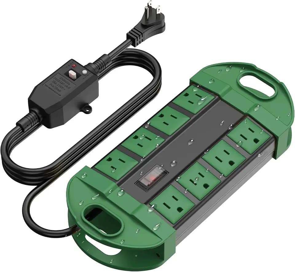 CCCEI GFCI Outdoor Power Strip Weatherproof with 8 AC, Waterproof Extension Cord with Multiple Outlets, Wall Mount Surge Protector Flat Plug, Christmas Exterior Garden, Yard, 25FT, Green.
