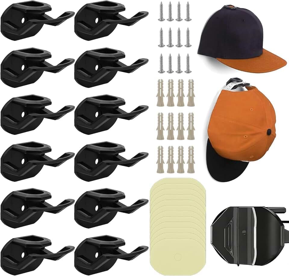 12 Stück Cap Halter, Kappenhalter Selbstklebender (Schwarz)