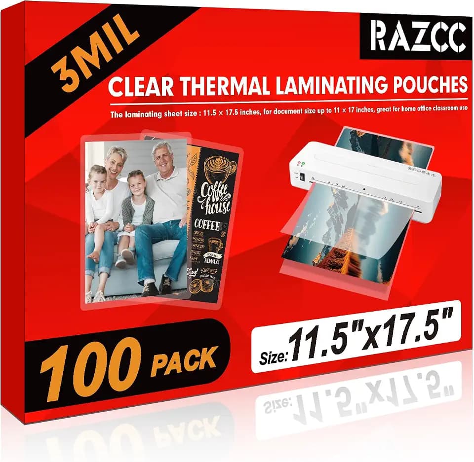 RAZCC Laminating Sheets, 100 Pack Clear Thermal Laminating Plastic Paper Hold 11 x 17 Inch Sheet, 3 Mil Lamination Sheet Paper for Laminator, Round Corner