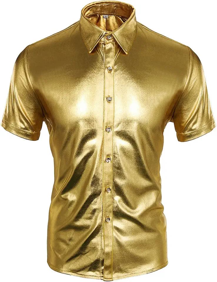 Herren Hemd Metallic Glänzend Kurzarmshirt Glitzer Schlank Fit Kostüm für Nightclub Party Tanzen Disco Halloween Cosplay