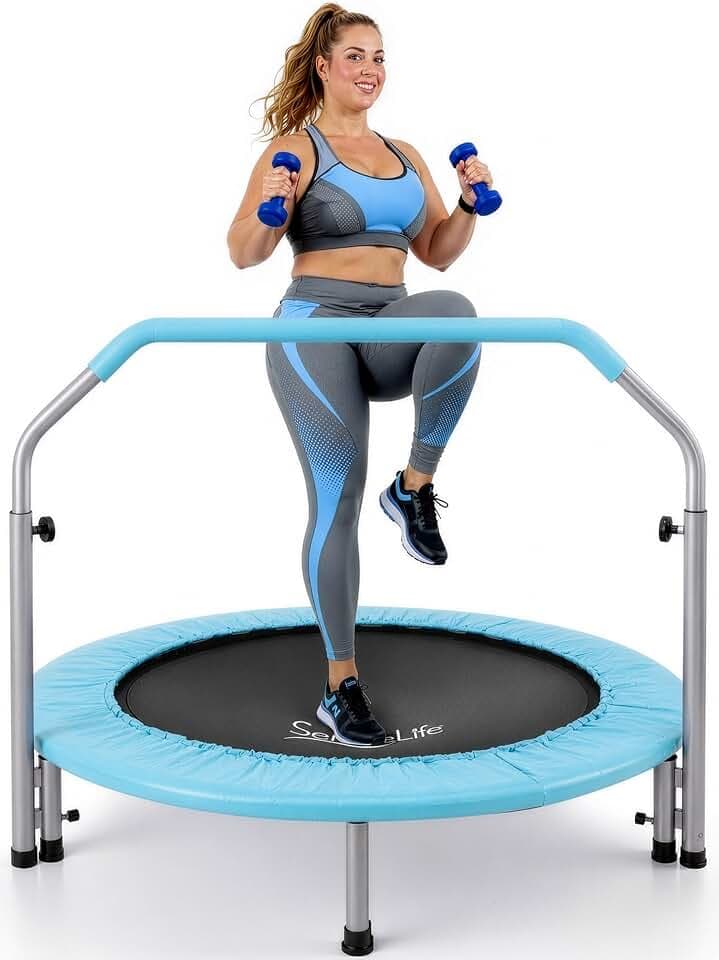 SereneLife 40" Foldable Mini Trampoline for Adults - Compact Fitness Rebounder with Adjustable Foam Handle, Exercise Trampoline with Max Load 330lbs, Indoor/Garden Whole-Body Workout