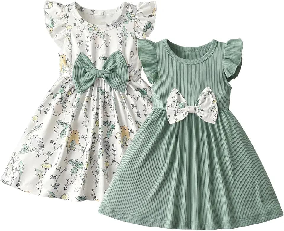 Kleinkind Baby Mädchen Kleidung Kleid Rüschen Kurzarm Schleife Kleider 2 Stück