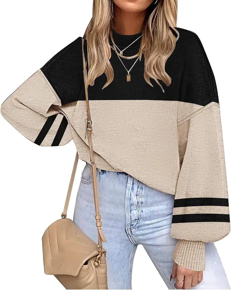 Womens Sweaters Fall 2026 Long Sleeve Knit Tops Striped Oversized Sweater