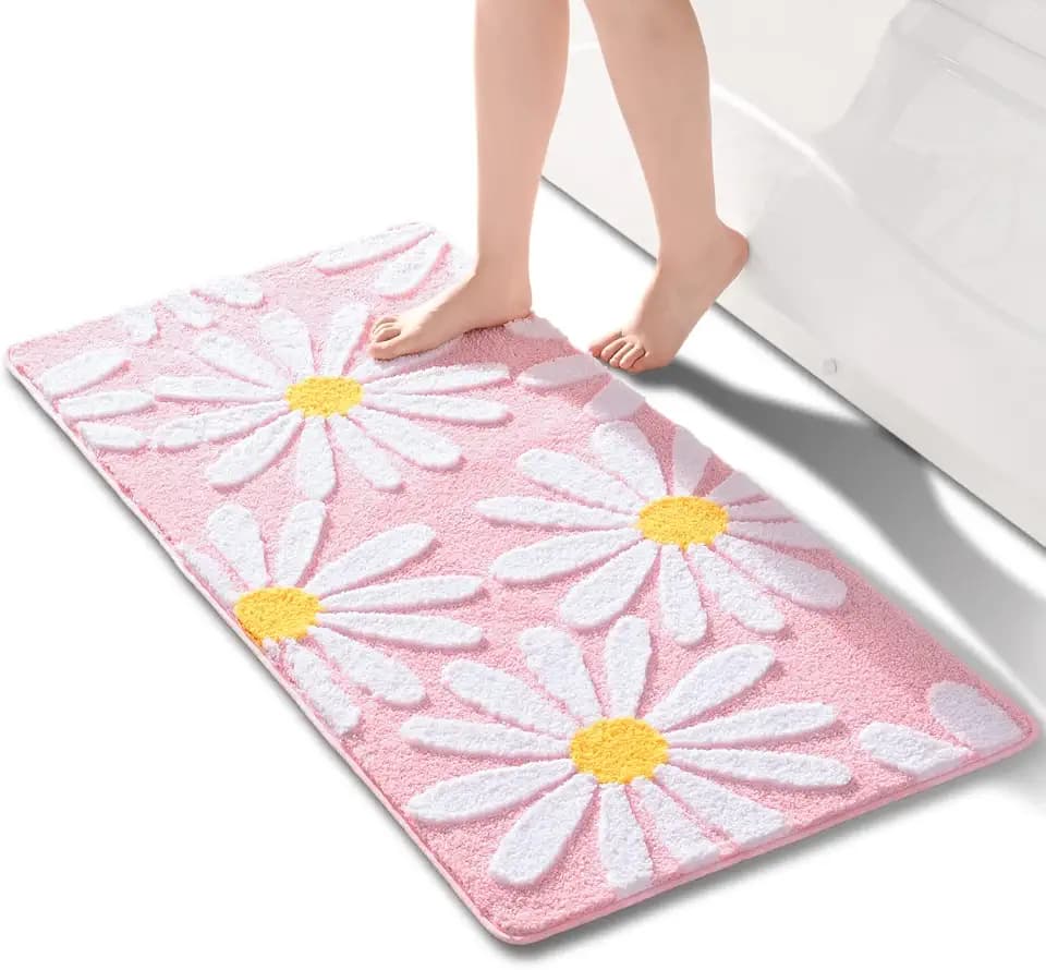 QJHOMO Rosa Badezimmerteppich Niedliche Gänseblümchen Badematte rutschfest Waschbar Badteppich Weiße und Gelbe Blume Badvorleger Weiche Duschvorleger Absorbierende Badezimmer Teppich 60x120 cm
