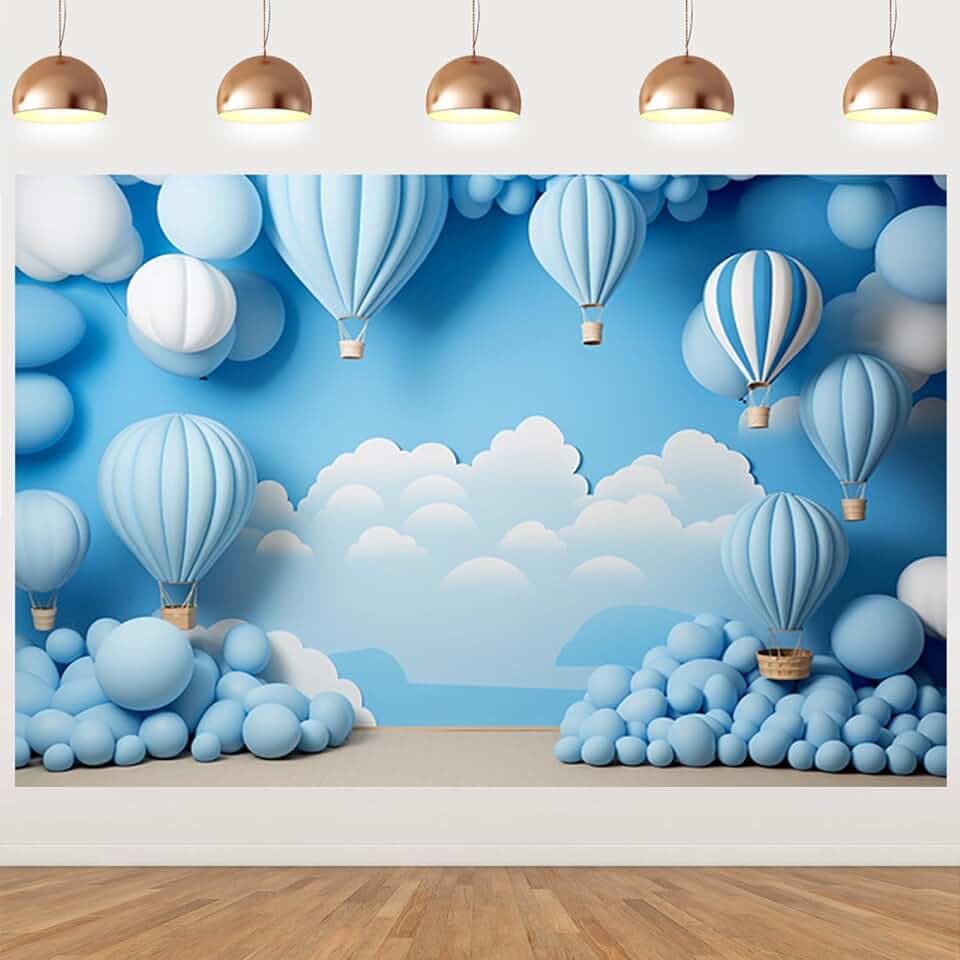 Vinyl Boy 1st Birthday Backdrop Children's 1st Birthday Happy Photography Backdrop Blue Sky Clouds Hot Air Balloons Cake Smash Background Baby Shower Background Banner,8X6FT-L8