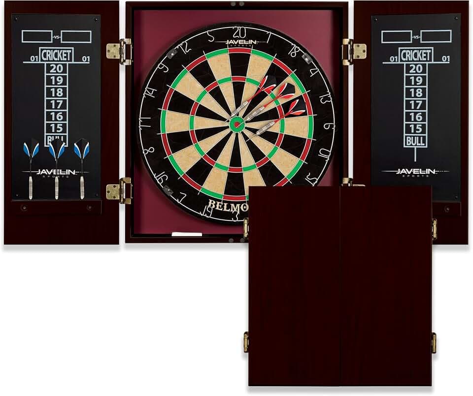 EastPoint Belmont Dart Board Cabinet, 6 Steel Tip Darts, Game Room Decor