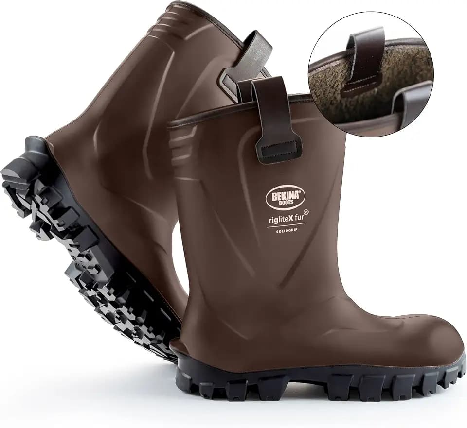 Bekina Riglite X Winterstiefel für Herren und Damen gefüttert und wasserdicht mit Stahlkappe und Stahlsohle, rutschfest, leichte Arbeitsstiefel für Landwirtschaft und Industrie, braun, EU 43