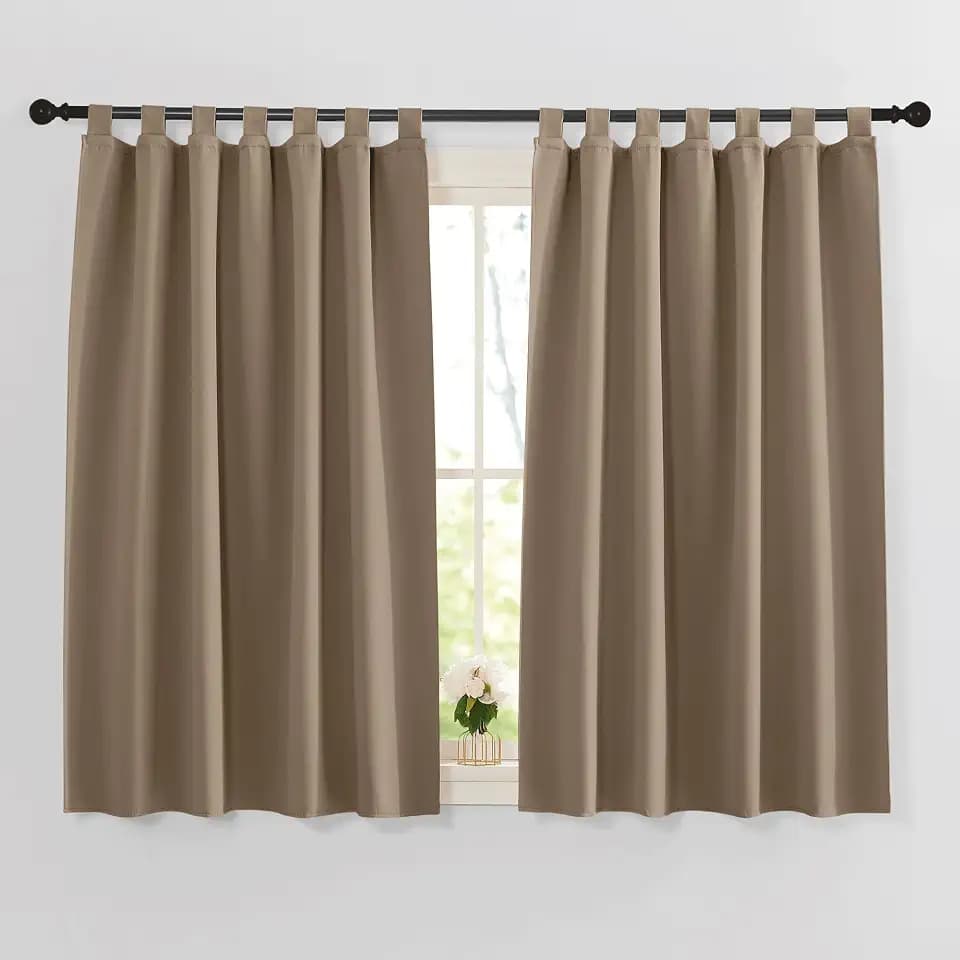 PONY DANCE Gardinen Küche Modern - Thermovorhang gegen Kälte und Hitze Kinderzimmer Gardinen mit Schlaufen Verdunklungsvorhänge Kurz Schlaufenschal 2er Set, H 145 x B 140 cm, Cappuccino