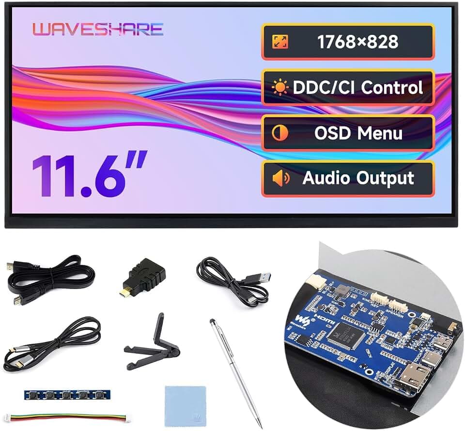 Waveshare 11.6inch 1768x828 Capacitive Touch Display for Pi5 In-Cell Touch Panel IPS 178° Viewing Angle HDMI/Type-C Display Interface Up to 10-Point Touch for Raspberry Pi/Jetson Series/PC/Smartphone