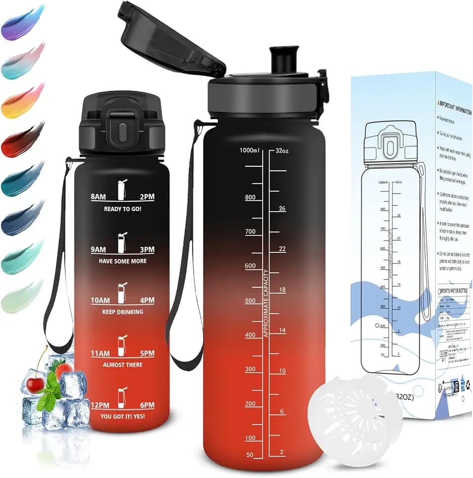 Motswedi Trinkflasche Sport, 1000 ml BPA-Frei, Trinkflasche, Kohlensäure Geeignet, Auslaufsicher, Wasserflasche für Yoga, Schule, Fahrrad, Kinder, Outdoors, Schwarz und Rot