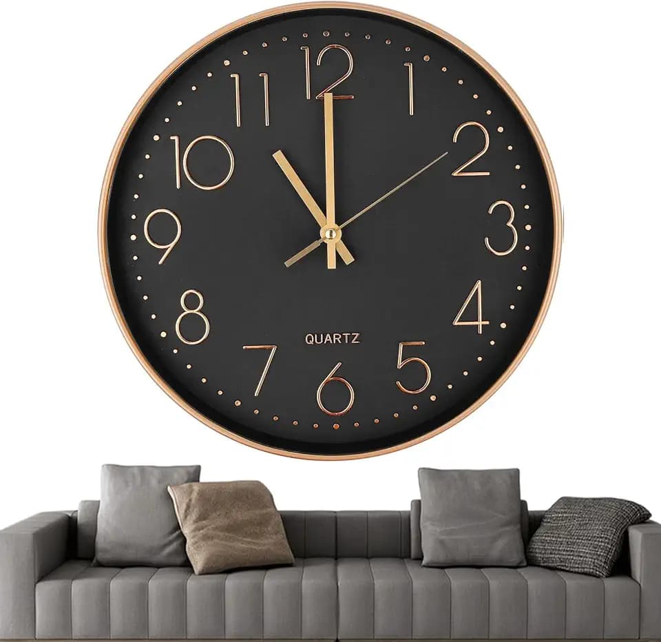 Chedin 30cm Modern Rund Wanduhr Ohne Tickgeräusche, Kinder, Groß, Lautlos Uhrwerk (Gold/Schwarz)