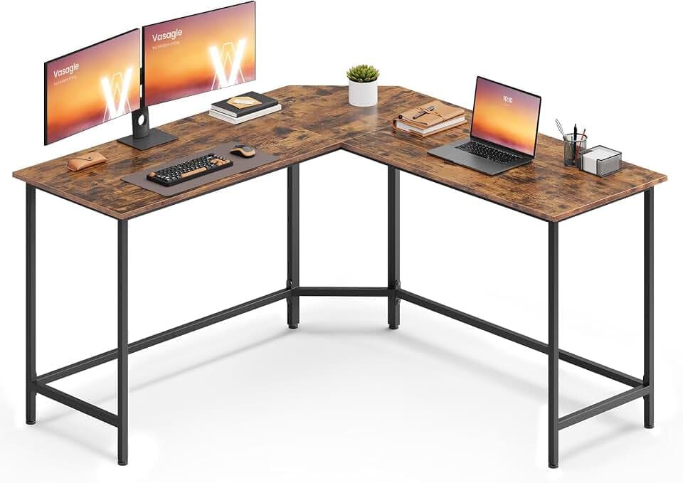 VASAGLE Eckschreibtisch, L-förmiger Computertisch, 140 x 140 x 74,7 cm | Platzsparender Bürotisch, Homeoffice, Gaming, rustikales braun-mattschwarz, BARNET Kollektion LWD73X