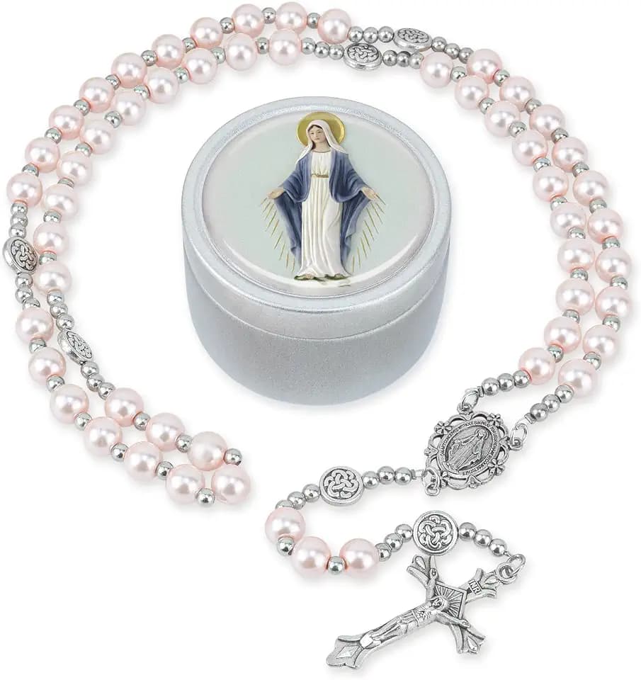 8mm Glass Pearl Rosary Necklace for Women - Catholic Prayer Beads with Gift Box, Handmade Religious Jewelry for Baptism, First Communion