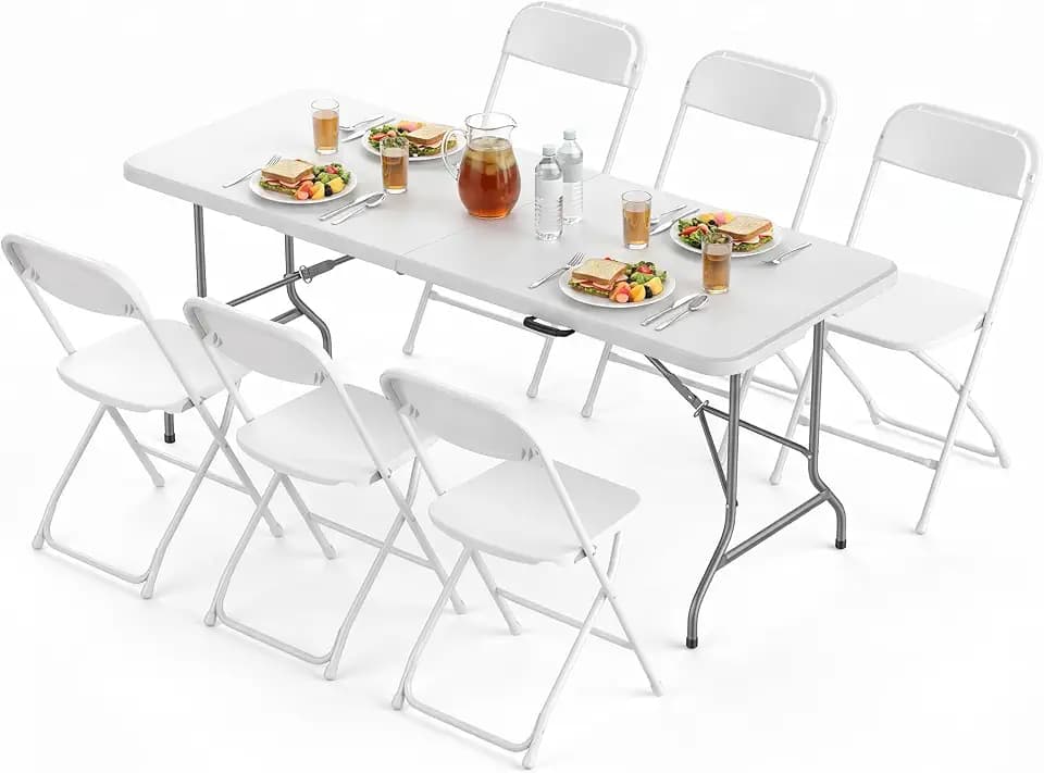 Sweetcrispy 6 FT Folding Picnic Table, with 6 White Folding Chairs
