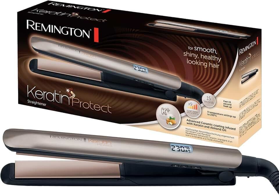 Remington Glätteisen [hochwertige Beschichtung] Keratin (Keramikbeschichtung mit Keratin & Mandelöl angereichert) LCD-Display, 10 Temperatureinstellungen 150-230°C, Haarglätter S8540,Schwarz, 110 mm