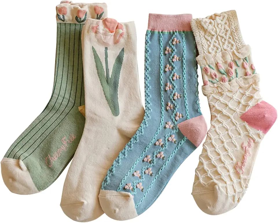 MarJunSep Cute Floral Crew Socks for Women Teen Girls Flower Cottagecore Frilly Vintage Fancy Cotton Socks