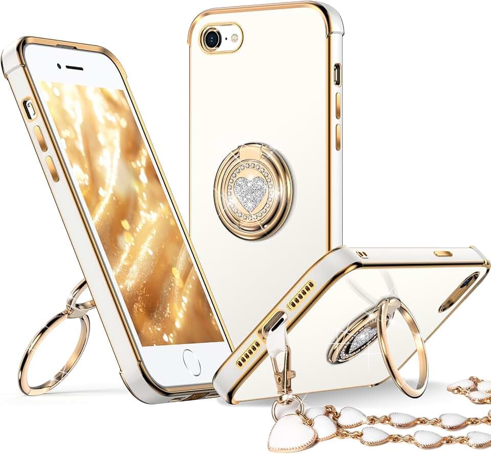 XYZ Case for iPhone SE 2022 [3rd Gen], SE 2020 [2nd Gen], iPhone 8/7 Phone Case with Double Ring Kickstand, Women Girl Cute Love-Heart Luxury Bling Protective Case for iPhone 7/8/SE, White