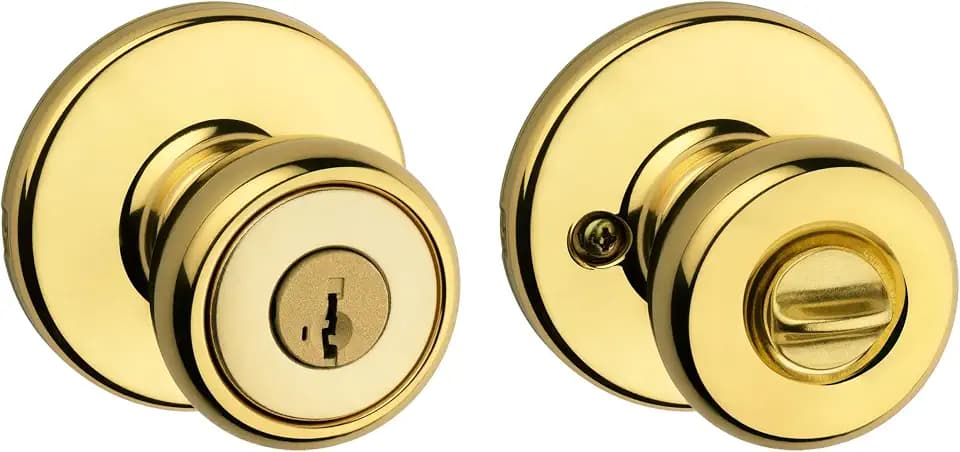 Kwikset Tylo Entry Door Knob with Lock and Key, Secure Keyed Handle Exterior, Front Entrance and Bedroom, Polished Brass, Pick Resistant SmartKey Rekey Security