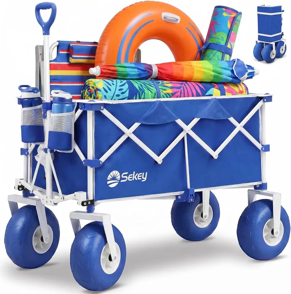 Sekey Heavy Duty Beach Wagon with 9" Big Sand-Proof Wheels – 600lb Capacity, 200L Oversized Foldable Cart | Adjustable Handle & All-Terrain Tires for Sand, Camping