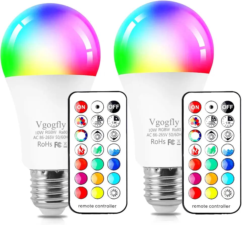 Vgogfly RGB Led Light Bulbs 10W Color Changing Light Bulb with Remote Control 5000k Daylight White (2 Pack) Remove Battery Separator Before Use