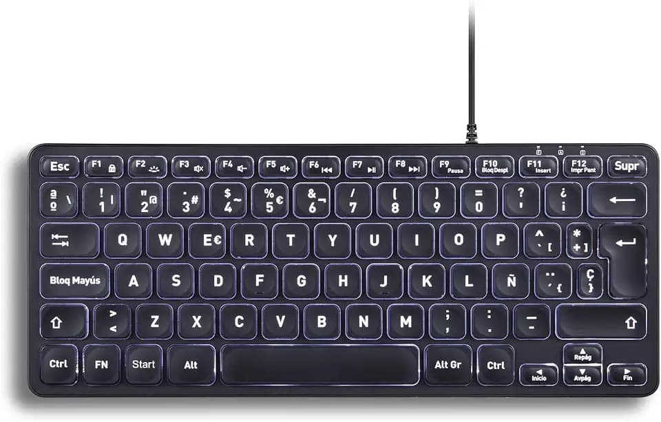 Perixx PERIBOARD-332 Mini-USB-Tastatur mit Hintergrundbeleuchtung, mit Kabel, Scheren-Tasten, Typ X, weiße Hintergrundbeleuchtung - Schwarz - Spanisch QWERTY