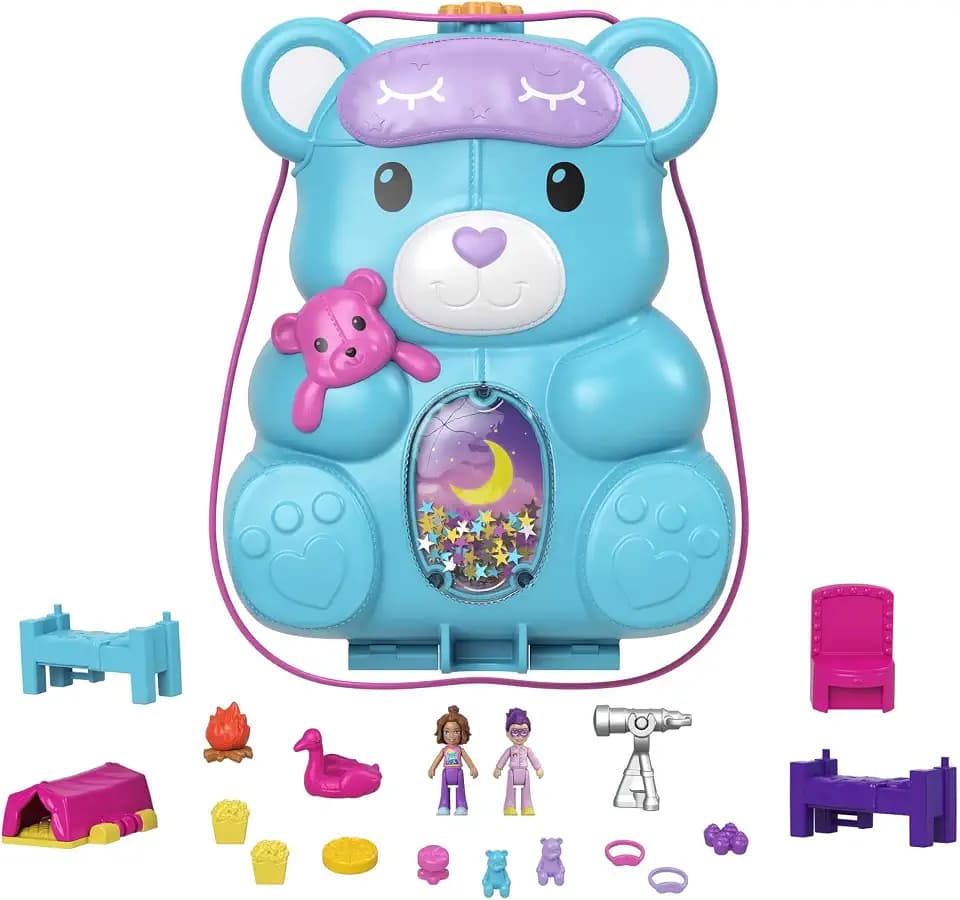 Polly Pocket HGC39 - Teddy Bär Handtaschen-Spielset, Ãœbernachtungsthema Mit 2 Micro Puppen Und 16 Accessoires, Tolles Spielzeug Geschenk Ab 4 Jahren