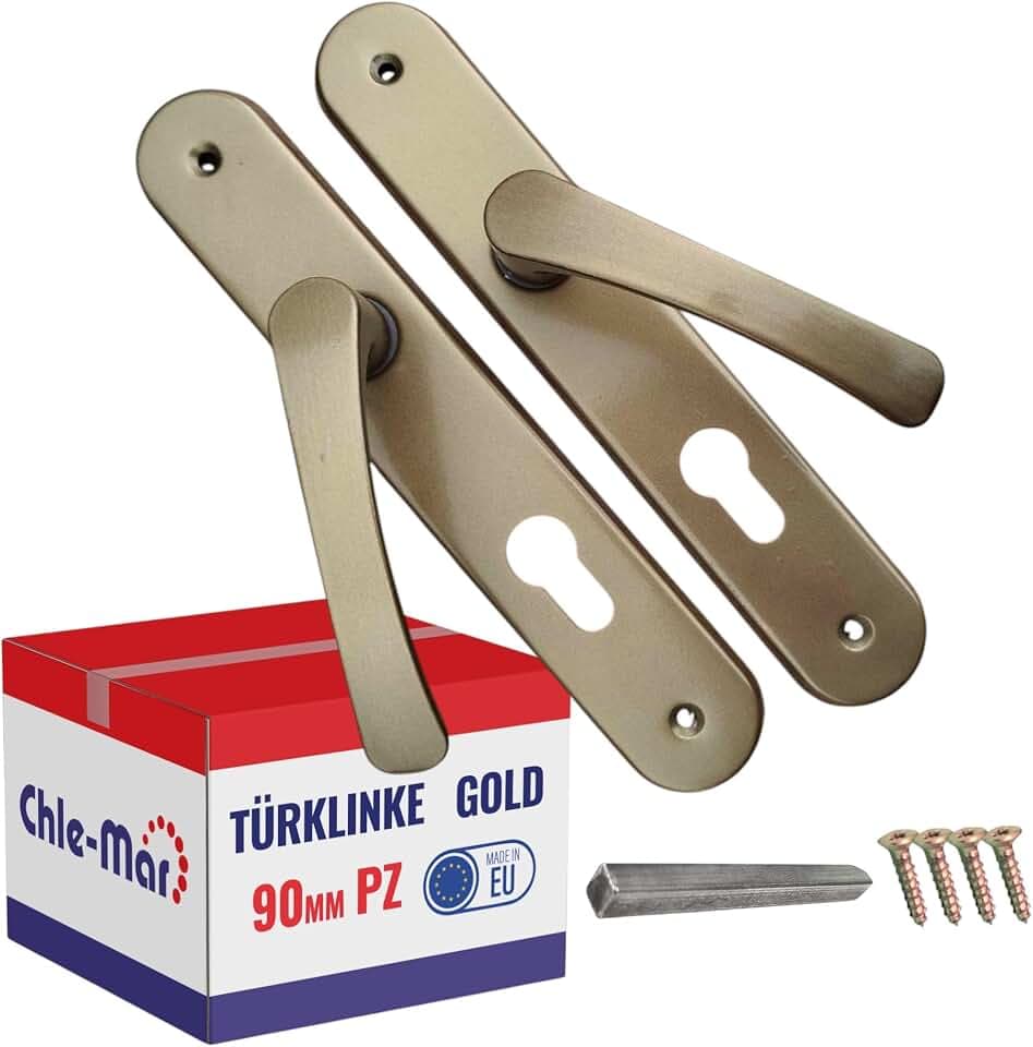 Chle-Mar - Türgriff Drückergarnitur mit Langschild – Gold / 90 mm/für Zylinderschloss - Langschildgarnitur - Türklinke Set für Innentüren – Türbeschlag – Türgriffe mit Schlossloch – Türgarnitur