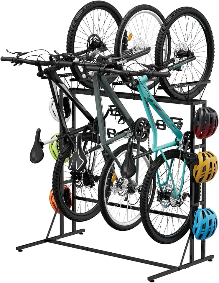 Vertical Bike Stand, Free Standing Bike Rack Garage with 6 Hooks, Black