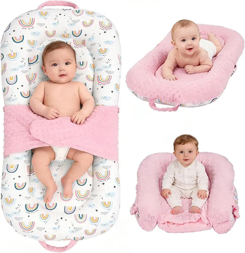 3-in-1 Babynester, Tragbarer Neugeborenen Baby Lounger 0-24 Monate, Klappbares Bauchzeitkissen & Babysitzstütze, Abnehmbarer Bezug aus 100% Baumwolle & Samt Doppelseitig