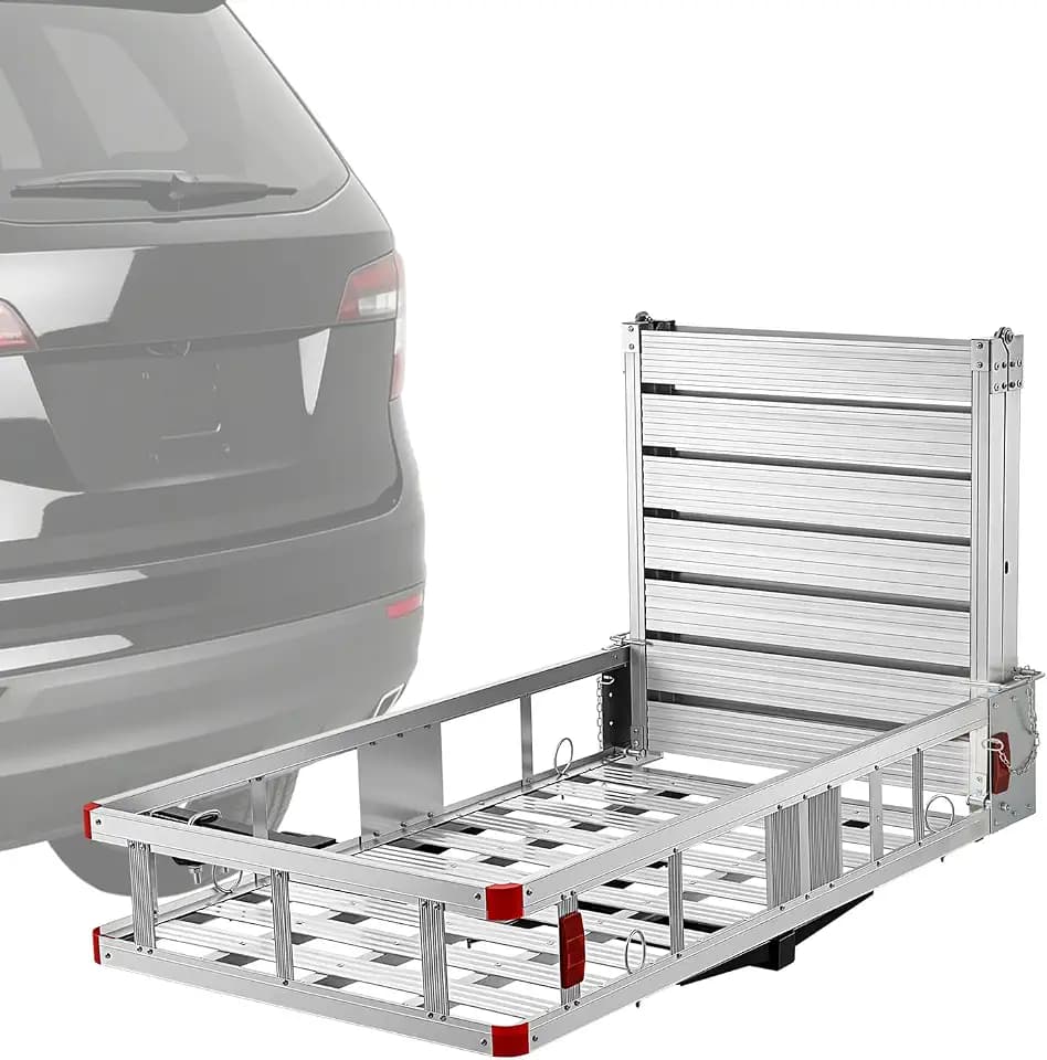 VEVOR Hitch Mount Wheelchair Carrier, 500LBS Mobility Scooter Carrier with Double-Folding Ramp, Aluminum Hitch Cargo Basket & Stabilizer Kit, Fits 2" Receiver for Truck SUV Car, 53.7" x 29.5" x 8.7"