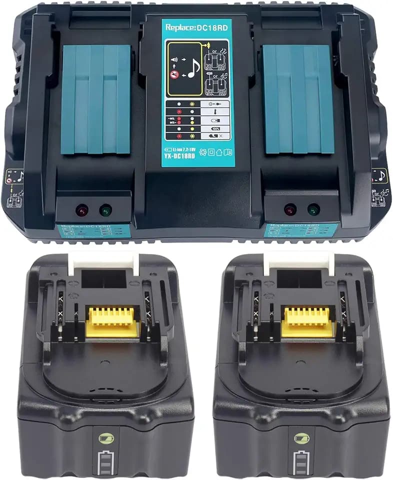 2X 18V 5.0Ah BL1850 Akku mit Ladegerät DC18RD 2-Fach Dual Schnellladegerät für Makita BL1830 BL1840 BL1850B, Radio DMR100 DMR101 DMR102 DMR103B DMR104 DMR105 DMR106 DMR107 DMR108 DMR109 DMR110