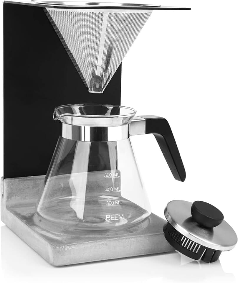 BEEM POUR OVER Kaffeebereiter Set - 4 Tassen | Edelstahl-Permanentfilter (Größe 2), 0,5 l Glaskanne, Beton-Sockel | Manuelle Kaffeebrühkunst für ein besonders mildes Kaffeearoma