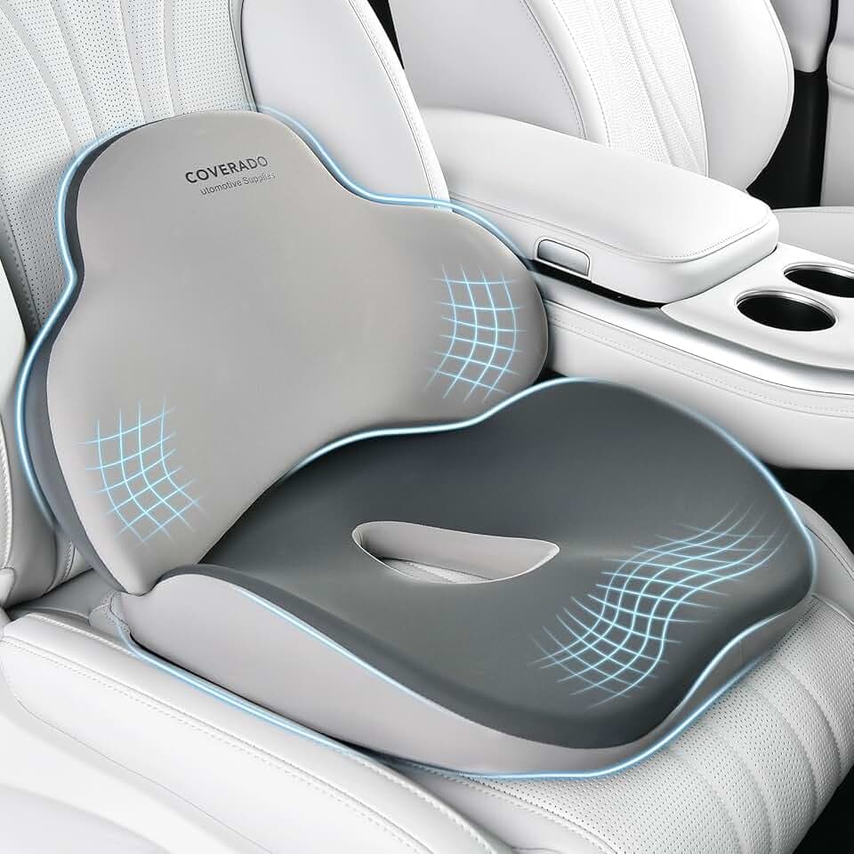 Coverado Seat Cushion and Lumbar Support Pillow for Car Office Chair, Ergonomic Memory Foam Desk Chair Cushion Back Support Pillow, Sciatica & Back & Tailbone Pain Relief Cushion