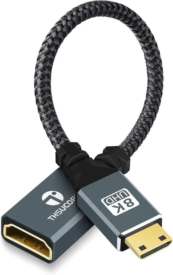 Thsucords 8K Mini HDMI to HDMI Adapter Cable 0.65Ft/0.2M Mini HDMI Male to HDMI-Female Support 8K/60Hz 4K/120Hz for HDTV, Projector Graphics Card,Tablet,Camera,Laptop