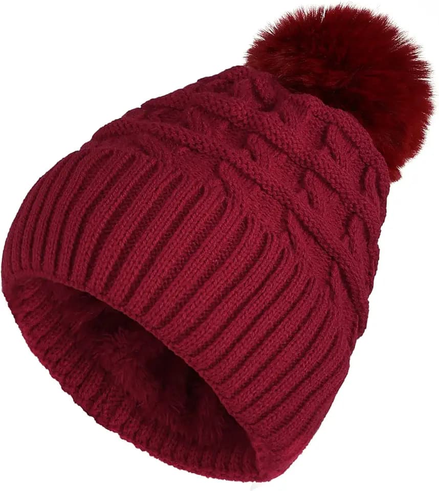Sibba Bommelmütze für Damen, Wintermütze, Thermo-Fleece-gefütterte Mütze, Damen-Strickmütze, Wollmützen mit Kunstfell-Bommel