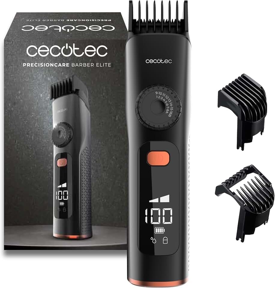 Cecotec Haarschneider PrecisionCare Barber Elite. Edelstahl-Klingen, Einstellrad, 120 Min Akku, IPX6, Kabel & Akku, Display Mit Öl-Reminder, 2 Verstellkämme 1–16 mm, Schnellladung Für Saubere Schnitte