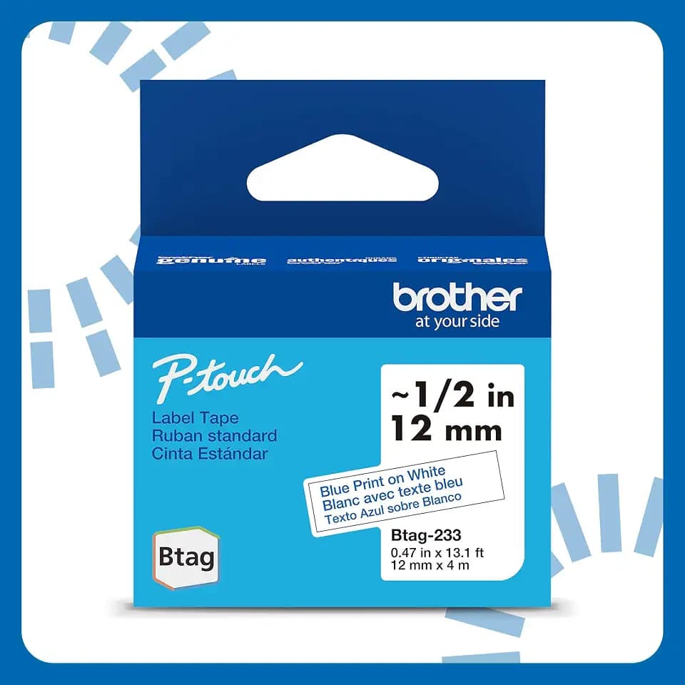 Brother Genuine P-Touch Btag BTAG233 Blue on White Label Tape ~1/2in by 13.1ft (12mm x 4m). (Works Only with Brother PT-N10, PT-N20, PT-N25BT Label Makers)
