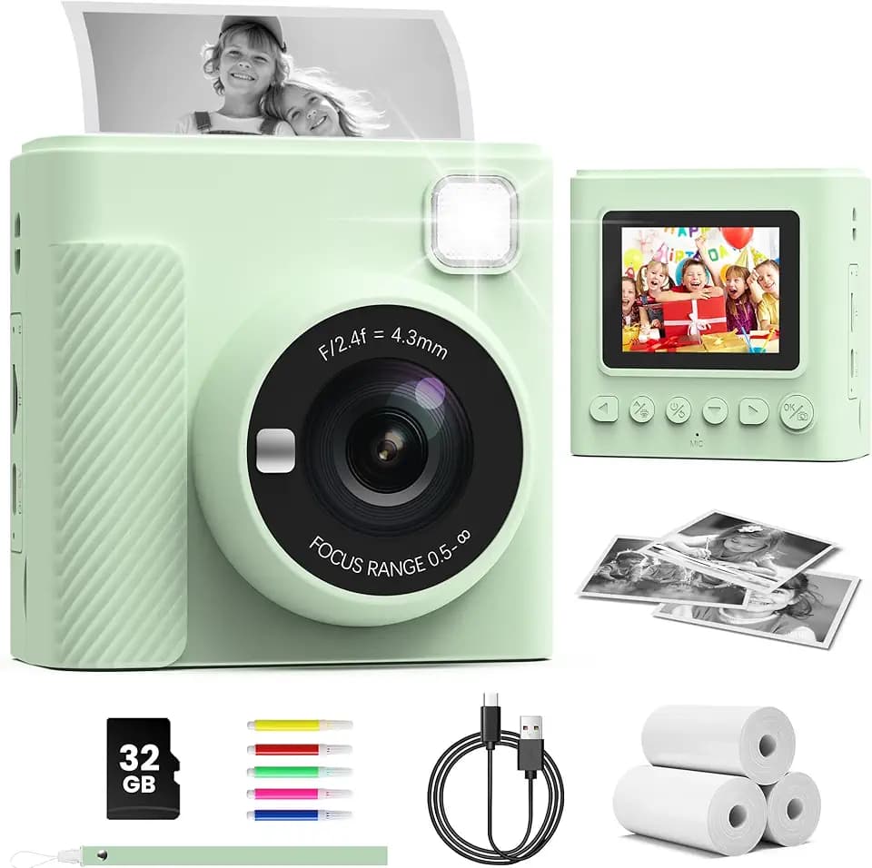 TIATUA Kinderkamera Sofortbildkamera, 2,4" Display 1080P HD Spielzeug, grün