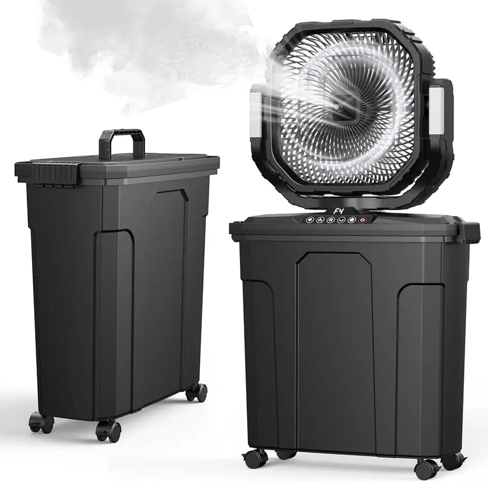 Ausic Outdoor Misting Fan for Outside, 5 Gal 12" Pro Portable Mister Fan with Water Box, 30000mAh Rechargeable Cooling Fan with Adapter, LED Light, Timer, Caster, for Patio/Sports/Camping Essentials