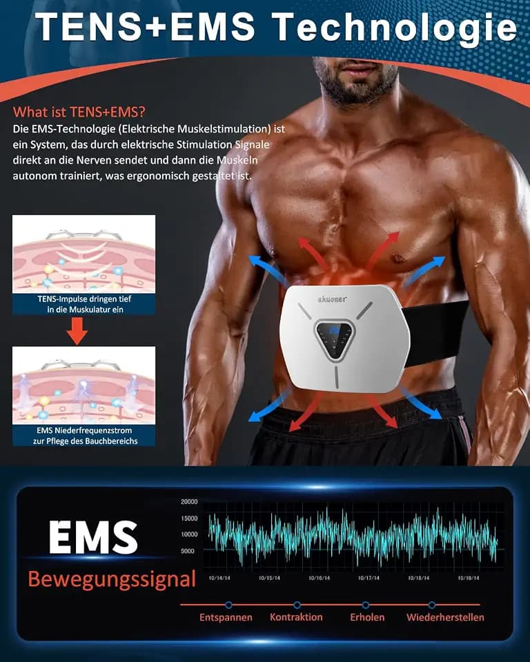 EMS Muskelstimulator, EMS Trainingsgerät, integrierter EMS Bauchtrainer, 8 Modi und 30 Stufen, elektrischer EMS Bauchmuskeltrainer für Männer und Frauen, geeignet für Fitnessübungen zu Hause