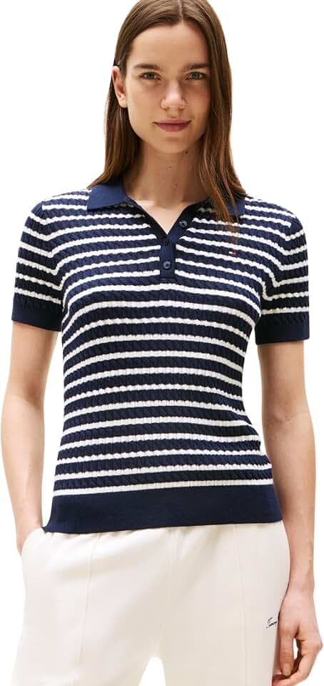 Tommy Hilfiger Damen Poloshirt Kurzarm Cable Sweater mit Knopfleiste