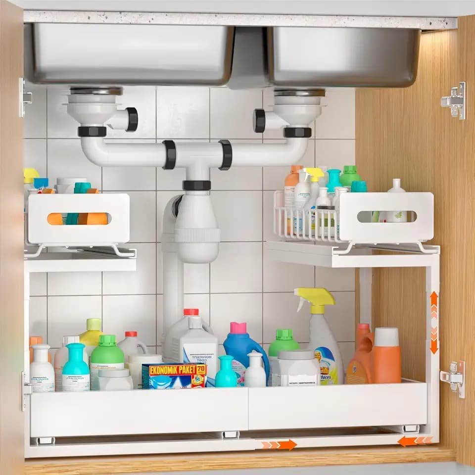 spülenunterschrank organizer 2 tiere ausziehbarer schrank organizer mit ausziehbaren schubladen, höhe einstellbar unterschrank regal spülschrank für Küche bad organisation rack(weiß)