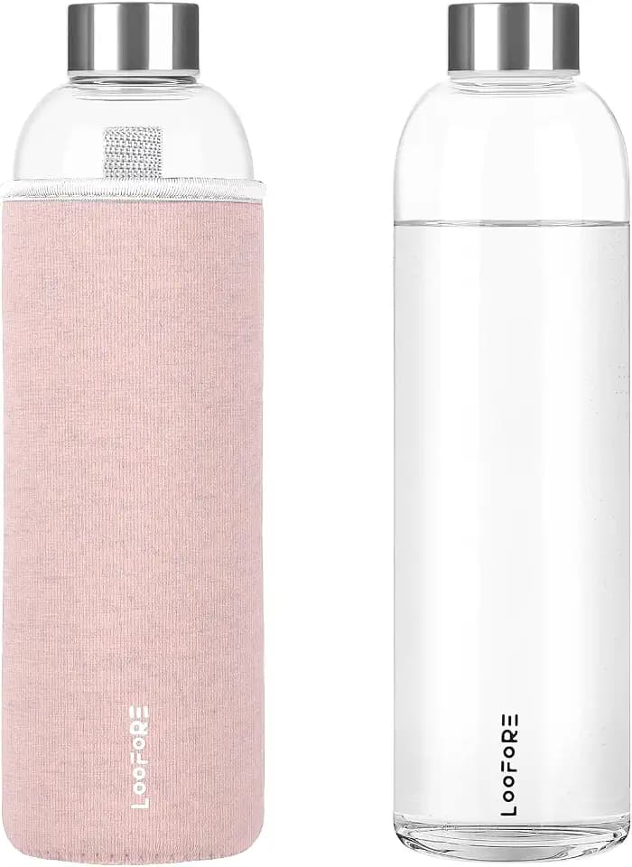 Glasflasche 1 liter 1l, Wasserflasche Glas 1000ml mit Neoprenhülle