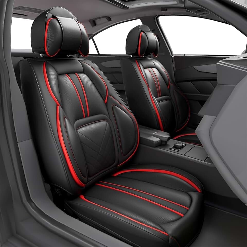 ASLONG 5 Stück 2025 Auto-Sitzbezüge, Auto-Innenzubehör mit wasserdichtem PU-Leder für Autos, SUVs, Pick-Ups, LKW, universell, bequem und atmungsaktiv (komplettes Set, schwarz und rot)